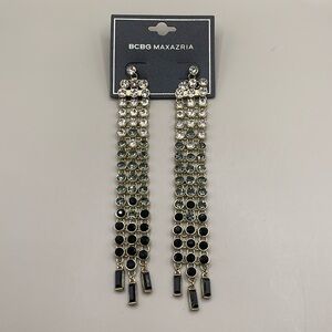 BCBGMaxAzria Gold Tone Black Gray Rhinestone Long Dangle Drop Statement Earrings